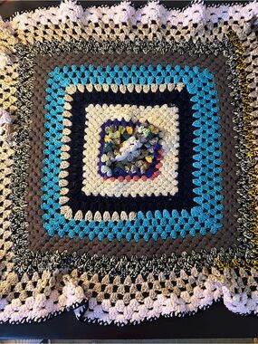Handmade Crochet Ruffled Edge Square 30”x30” Lap Blanket or Table Topper
